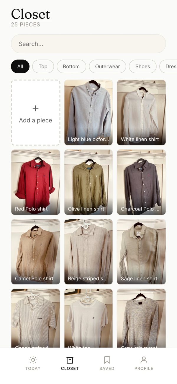 EDIT's closet screen showing a grid of 25 shirts and sweaters